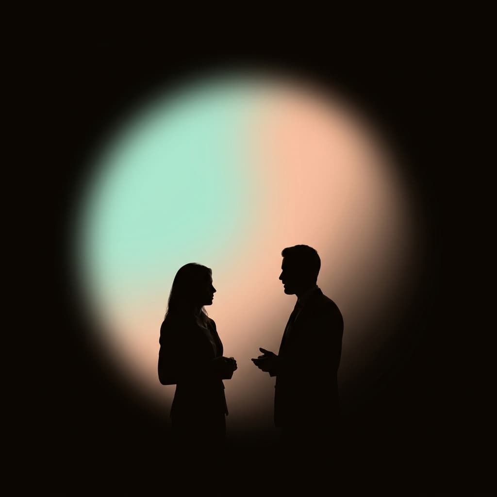 Abstract illustration of anonymous feedback bubbles rising from silhouettes in a dark workspace, representing employee voices being heard safely