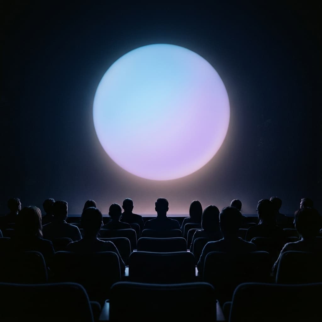 Dark illustration of an all-hands meeting with anonymous question bubbles floating above audience silhouettes, representing safe participation